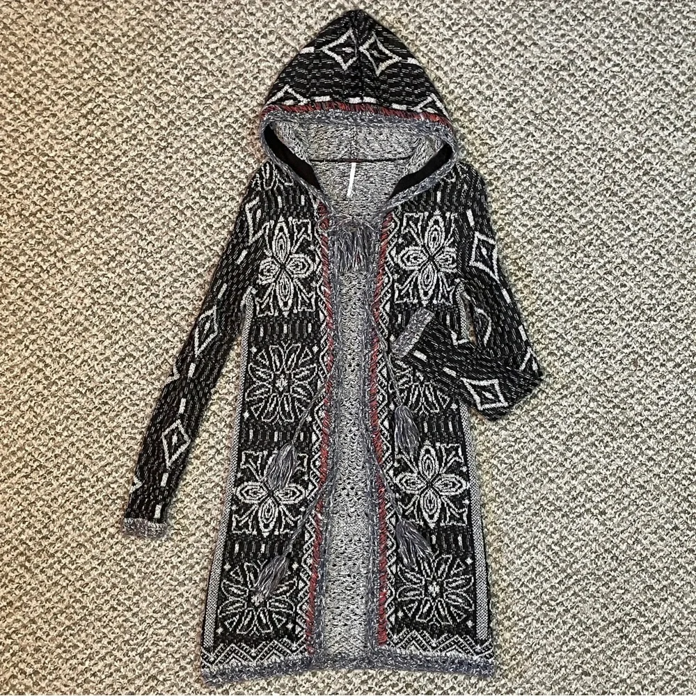 Free People Kai Open Front Pom Pom Tassel Tie Hooded Duster Cardigan - Picture 3 of 14
